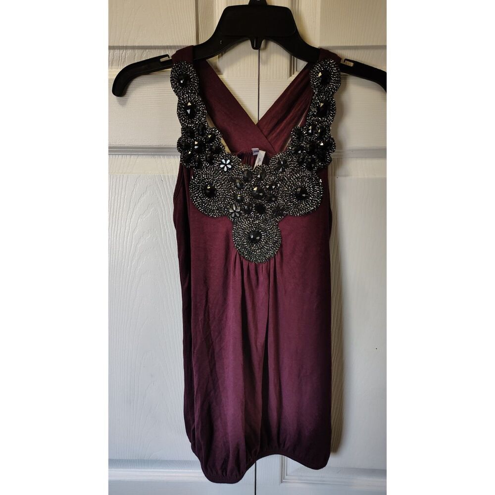 Studio Y Plum Beaded Halter Top Bubble Hem XS
